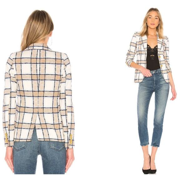 Smythe Portrait Neck Chesterfield Plaid Blazer Sz 8 Check White Brown Blue $695 - Picture 3 of 11